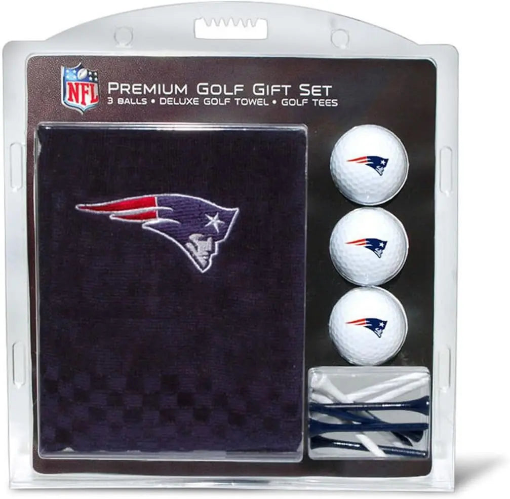 NFL New England Patriots Gift Set: Embroidered Golf Towel, 3 Golf Balls, and 14 Golf Tees 2-3/4" Regulation, Tri-Fold Towel 16" X 22" & 100% Cotton
