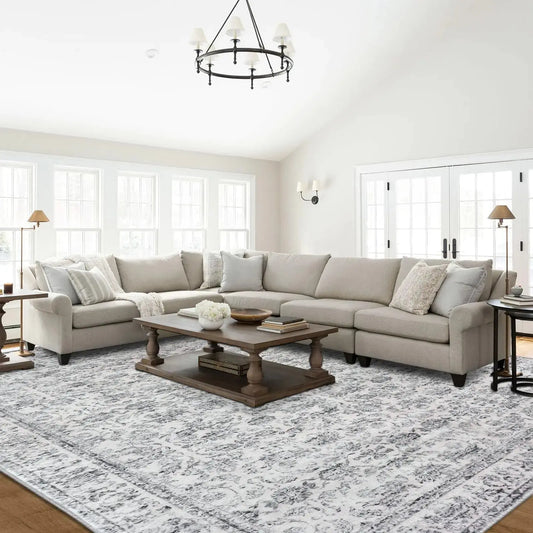 SIILOOM Vintage 9x12 Area Rugs for Living Room Grey Blue White Machine Washable Large Area Rug Non-Slip Ultra Soft Floral Tribal Traditional Farmhouse Carpet for Dining Room Bedroom Home Décor - Kitchara