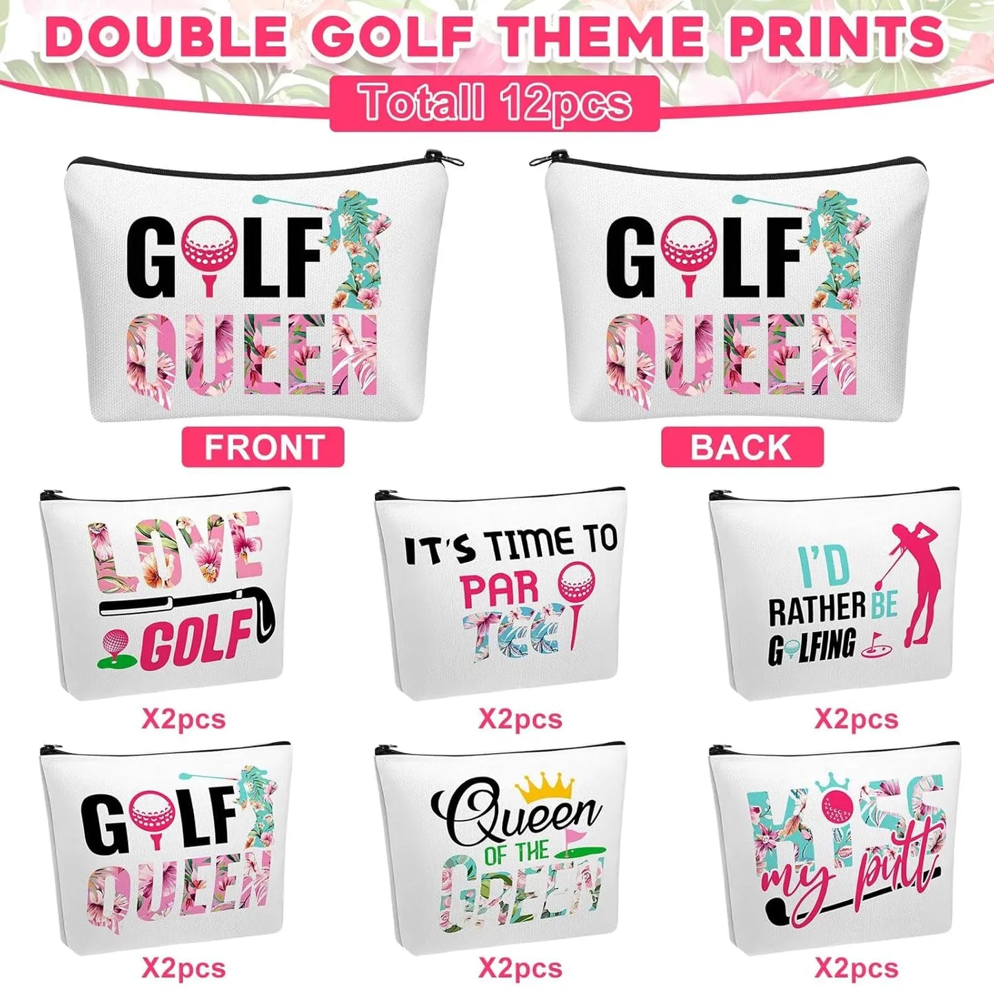 12 Pcs Golf Gifts for Women Female Cosmetic Bags Golfer Makeup Bag Canvas Toiletry Pouch with Zipper Accessories for Women Ladies Golf Lover Player Fans Birthday Gifts