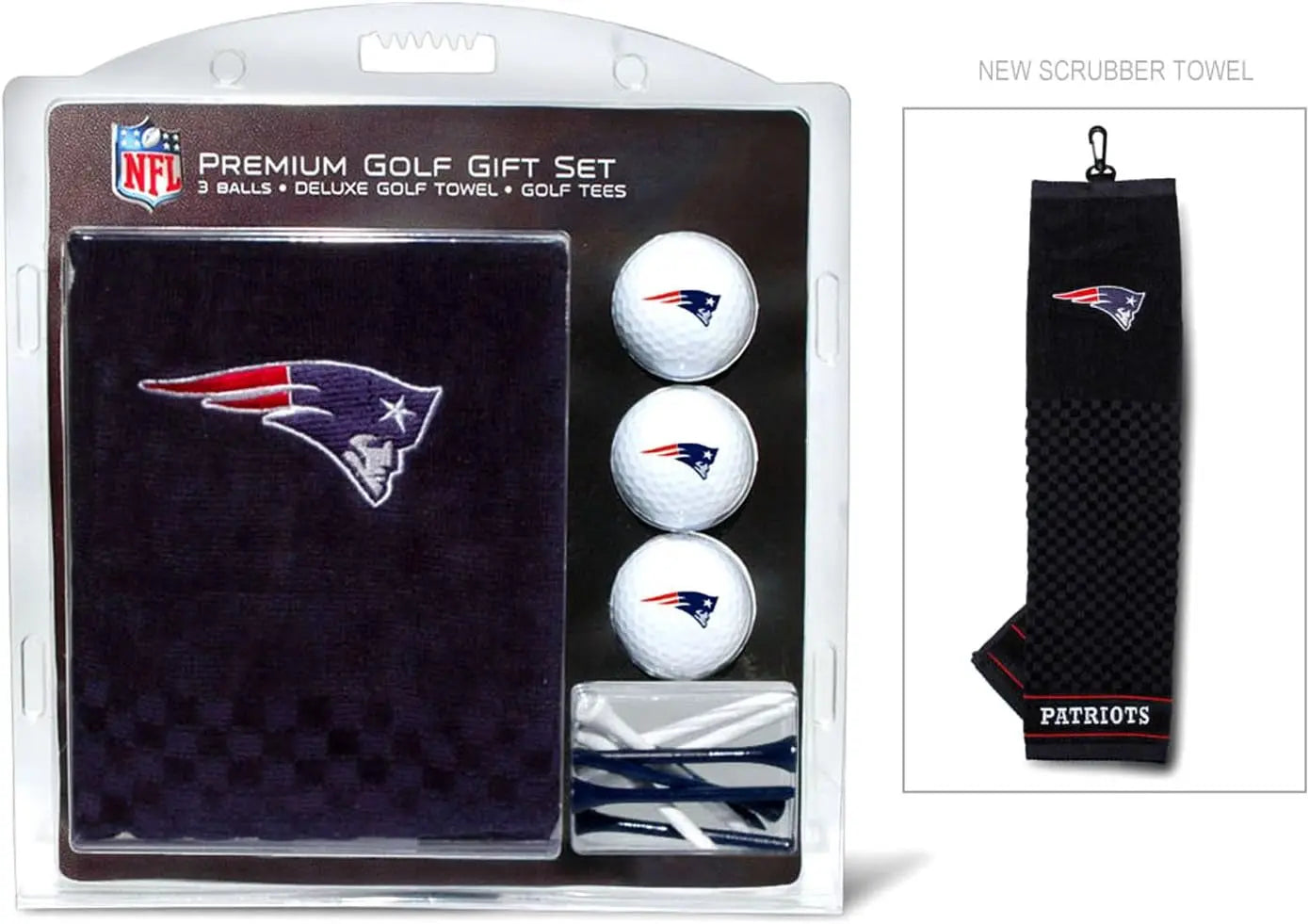 NFL New England Patriots Gift Set: Embroidered Golf Towel, 3 Golf Balls, and 14 Golf Tees 2-3/4" Regulation, Tri-Fold Towel 16" X 22" & 100% Cotton