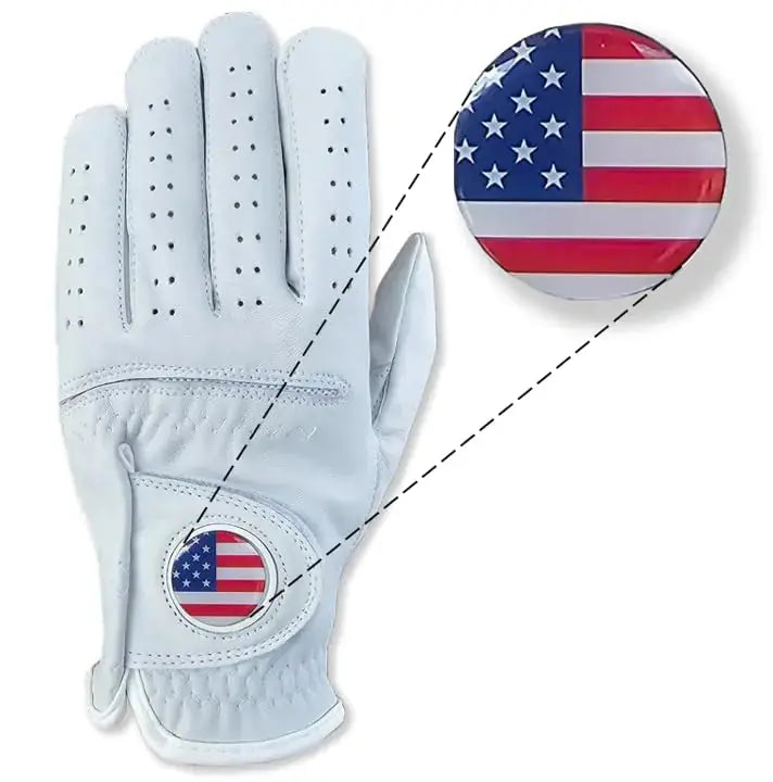 USA Flag Leather Golf Gloves - 100% Cabretta Leather Golf Glove with Magnetic Ball Marker for Right & Left Hand Golfers Adult Mens Small to XXL Sizes Averrone